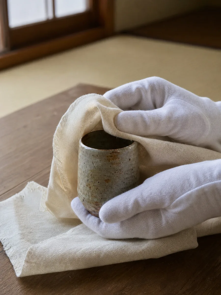 窓からの自然光の中で、手袋をした手が湯呑みを布に包んでいる