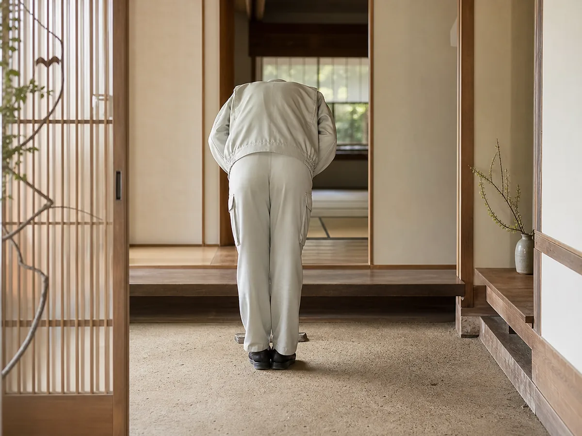 玄関で深く一礼する後ろ姿