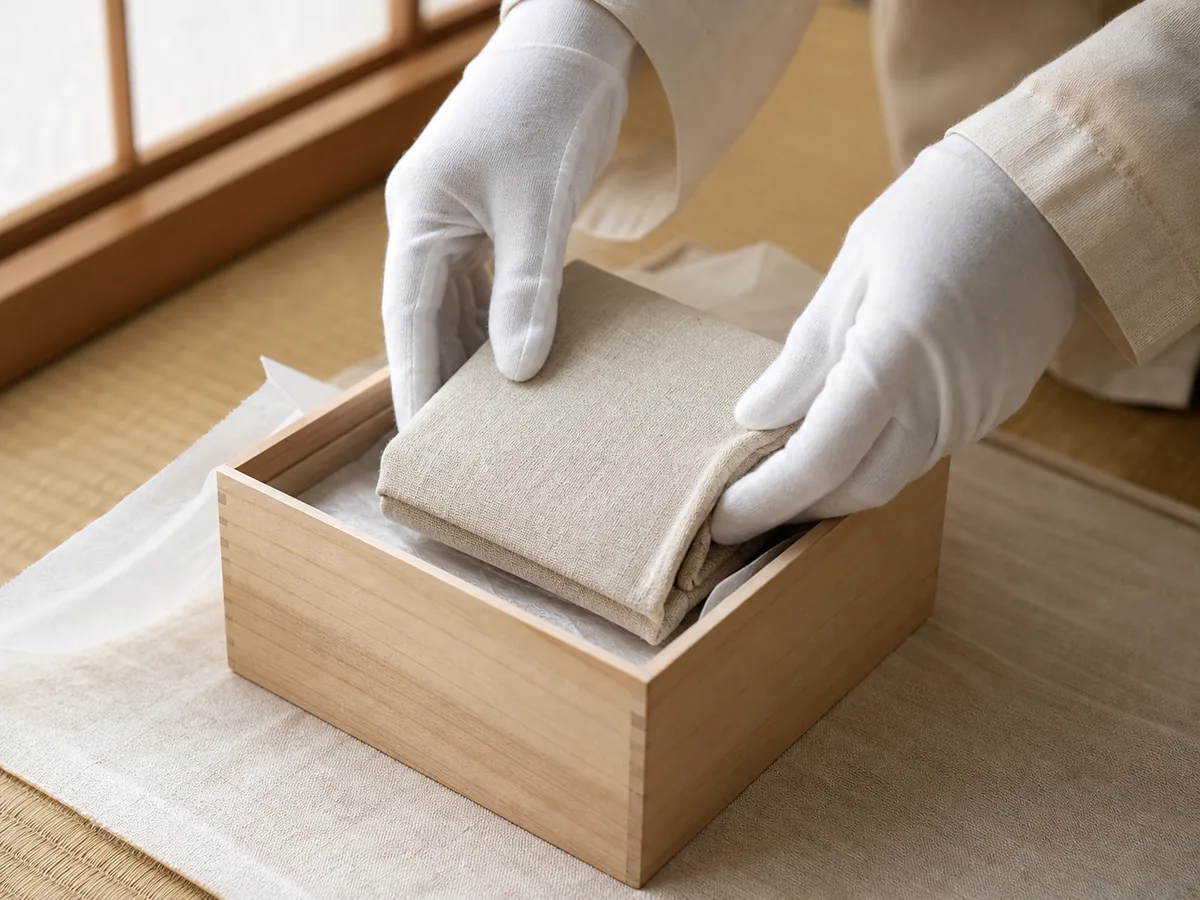 木箱に品物を丁寧に納める、作業中の手元