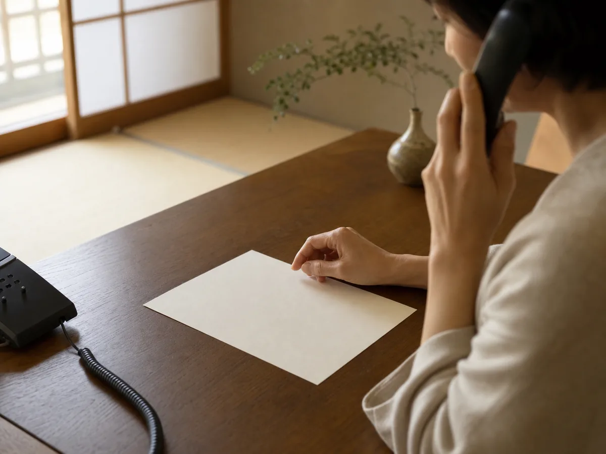 木のデスクで穏やかに電話応対する様子。手元にメモ