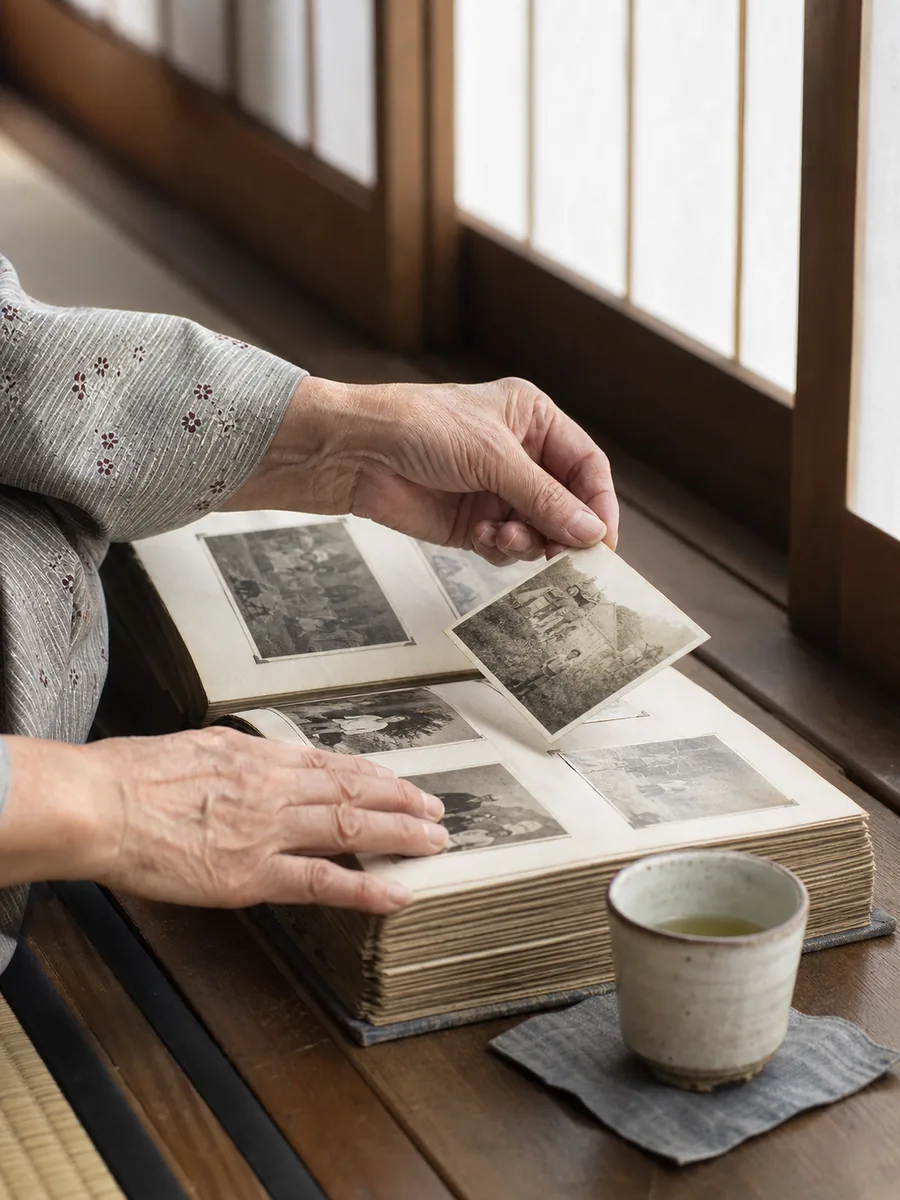 縁側の自然光の下、アルバムを開いて選んでいる手元