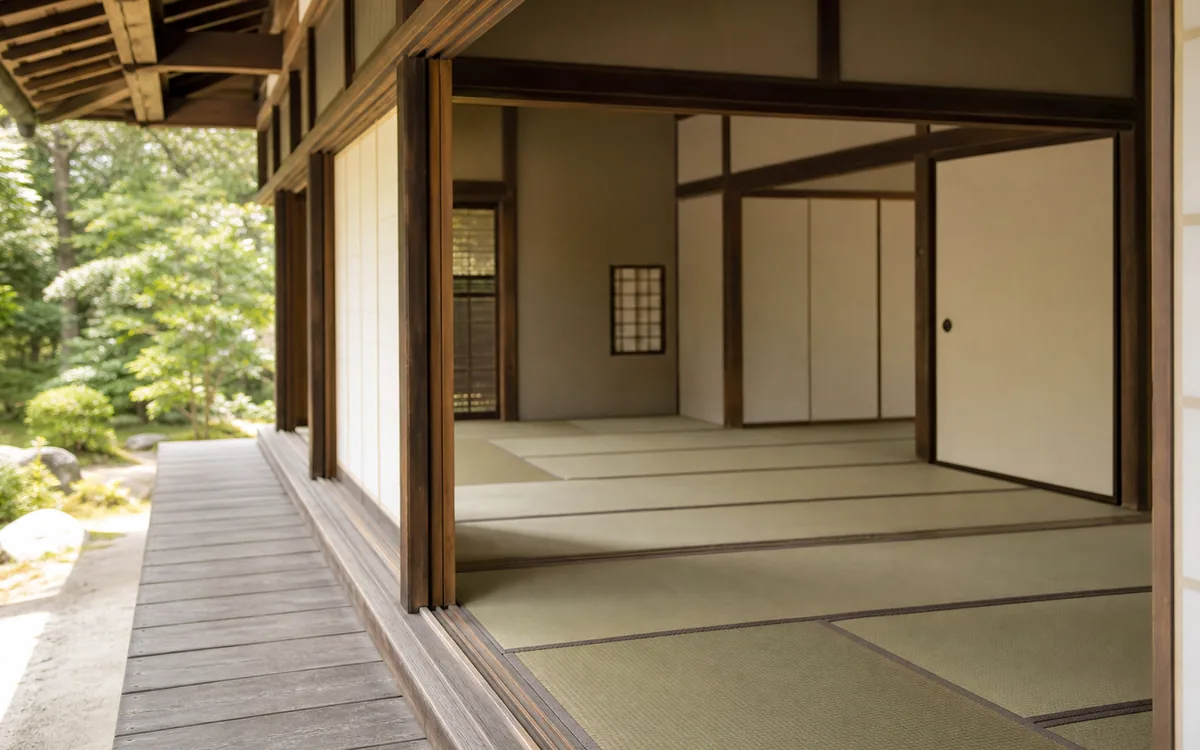 空き家の縁側。雨戸を開け、片付いた畳の部屋に光が差す