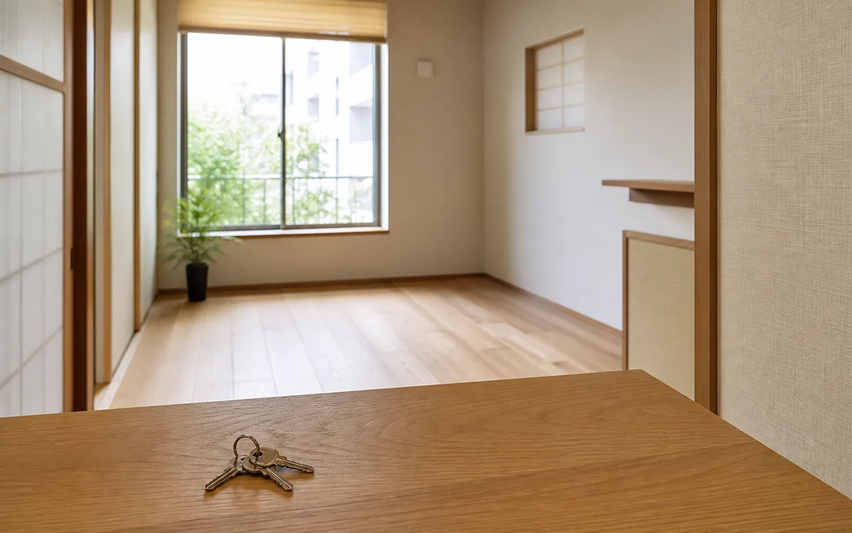 片付いた事務所と、机に置かれた鍵